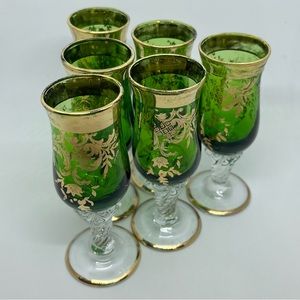 Antique Green glass cordial 24k painted Set of 6